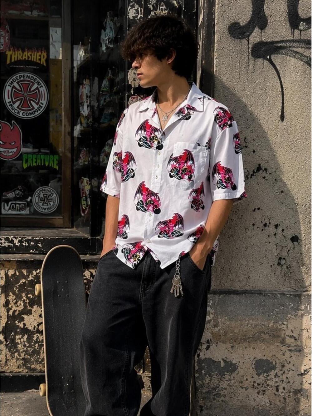 Lost Demon Motorcycle Y2K Viscose Button Up Shirt Large Skater Grunge Novelty